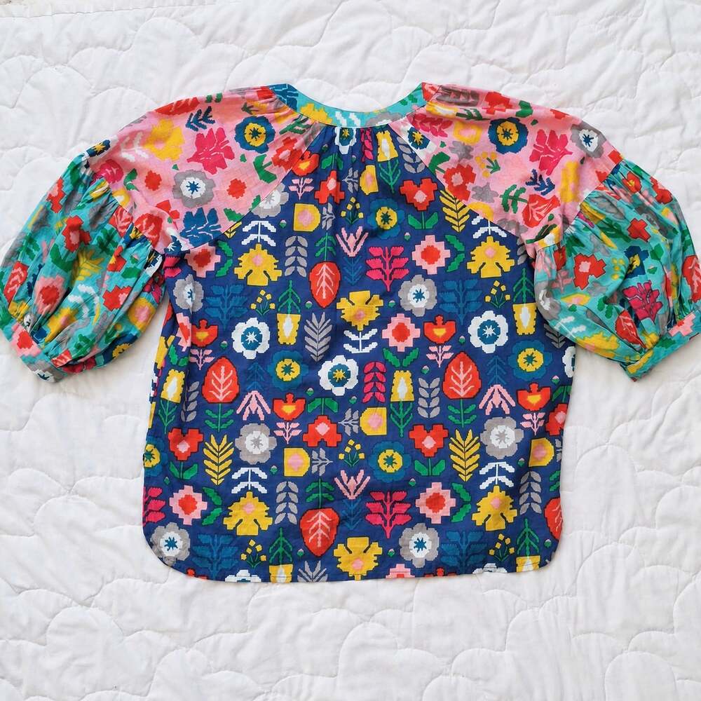 Ivy Jane XS Floral Colorblock Cotton Blouse Boho Balloon Sleeve Tassel Tie